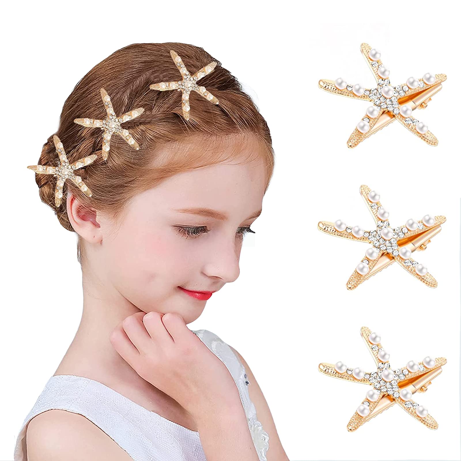 3PCS Starfish Hair Clips, Rhinestones Pearl Hair Barrette, No Slip Hair Accessories for Girls, Bridal Hair Decoration .