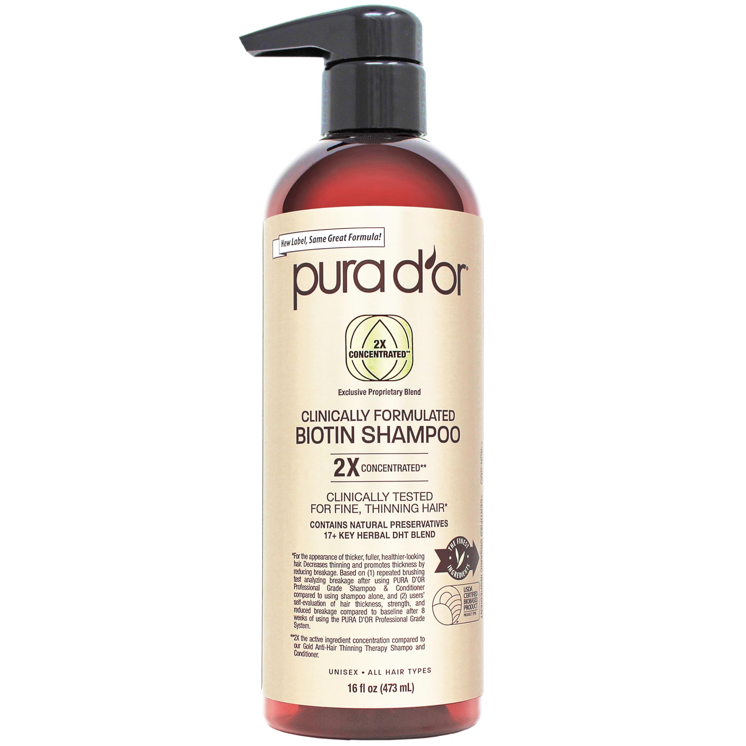 PURA D'OR Professional Grade Thickening Shampoo Clinically Tested Hair Thinning Therapy Super Concentrated for Maximum Results, Sulfate Free Natural & Organic Ingredients, Men & Women, 473 ml