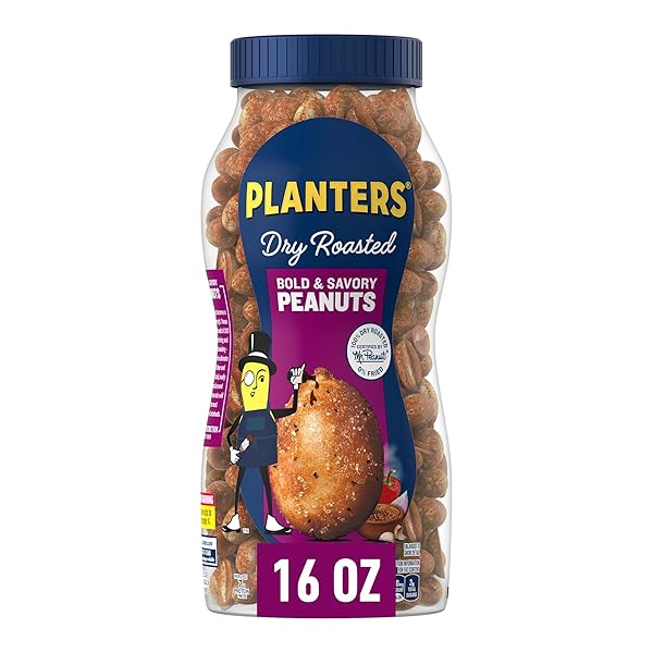 PLANTERS DRY ROASTED BOLD AND SAVORY PEANUTS, PLANT-BASED PROTEIN, PARTY SNACKS, PEANUT SNACK, 16 OZ JAR (PACK OF 1)