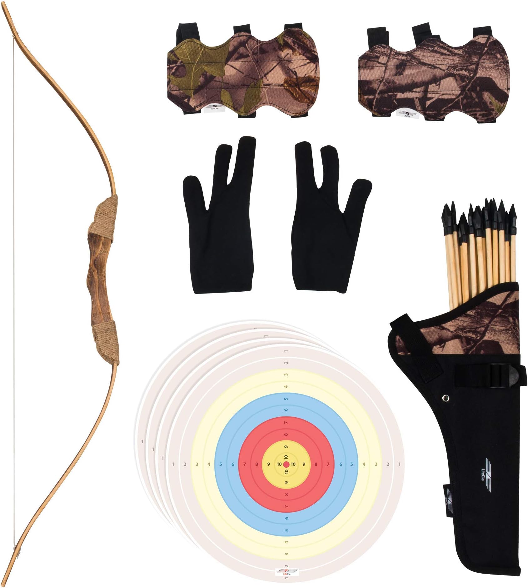 UTeCiA 30 Pcs Complete Archery Set for Kids & Beginners – Handcrafted Wooden Bow, Safety Rubber Tip Arrow Pack, Fabric Quiver, Arm Guard, Finger Glove, Target Sheets - Outdoor and Indoor Shooting Toy