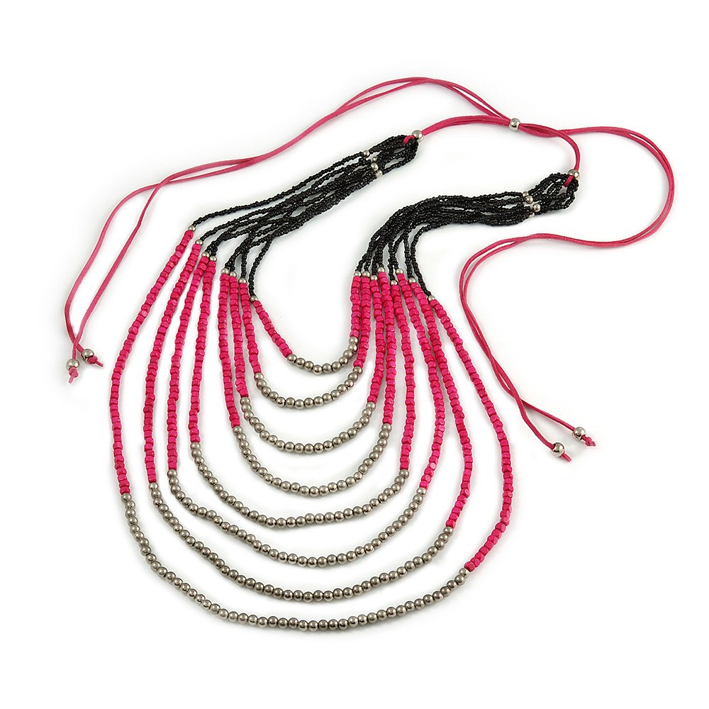 Avalaya Long Multistrand, Layered Deep Pink Wood/Black Glass Bead Necklace with Pink Suede Cord - Adjustable - 110cm/ 140cm L
