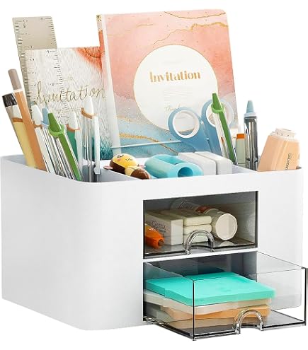 Desk Organizer With Drawer - 6 Compartments & 2 Drawers, White Plastic Storage Box For Makeup Or Office - View #10