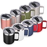 Volhoply 14oz Insulated Stainless Steel Coffee Mug with Lid Bulk 8 Pack,Double Wall Vacuum Travel Coffee Cup with Handle,Reusable Metal Cups Tumbler Cup, Camping Mugs,Ideal Gifts(Mix,8)