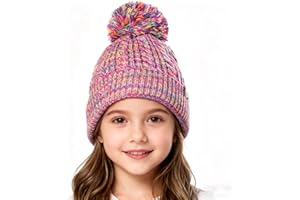 Kids Winter Hat with Pom Pom, Toddler Beanie with Warm Fleece Lined, Cute Girls Snow Cap in Multicolor (7-12 Years)