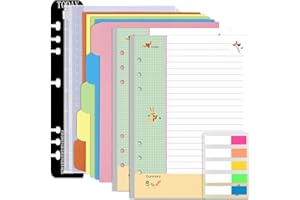 Rancco Cornell-Note Taking-System A5 Planner Refill Paper, 90 Page Colorful 5R Cornell Notes 6-Ring Binder Loose-leaf Inserts w/Zipper Pouch, Binder Divider, Ruler, Index Tab, College Ruled, 8.3x5.6"