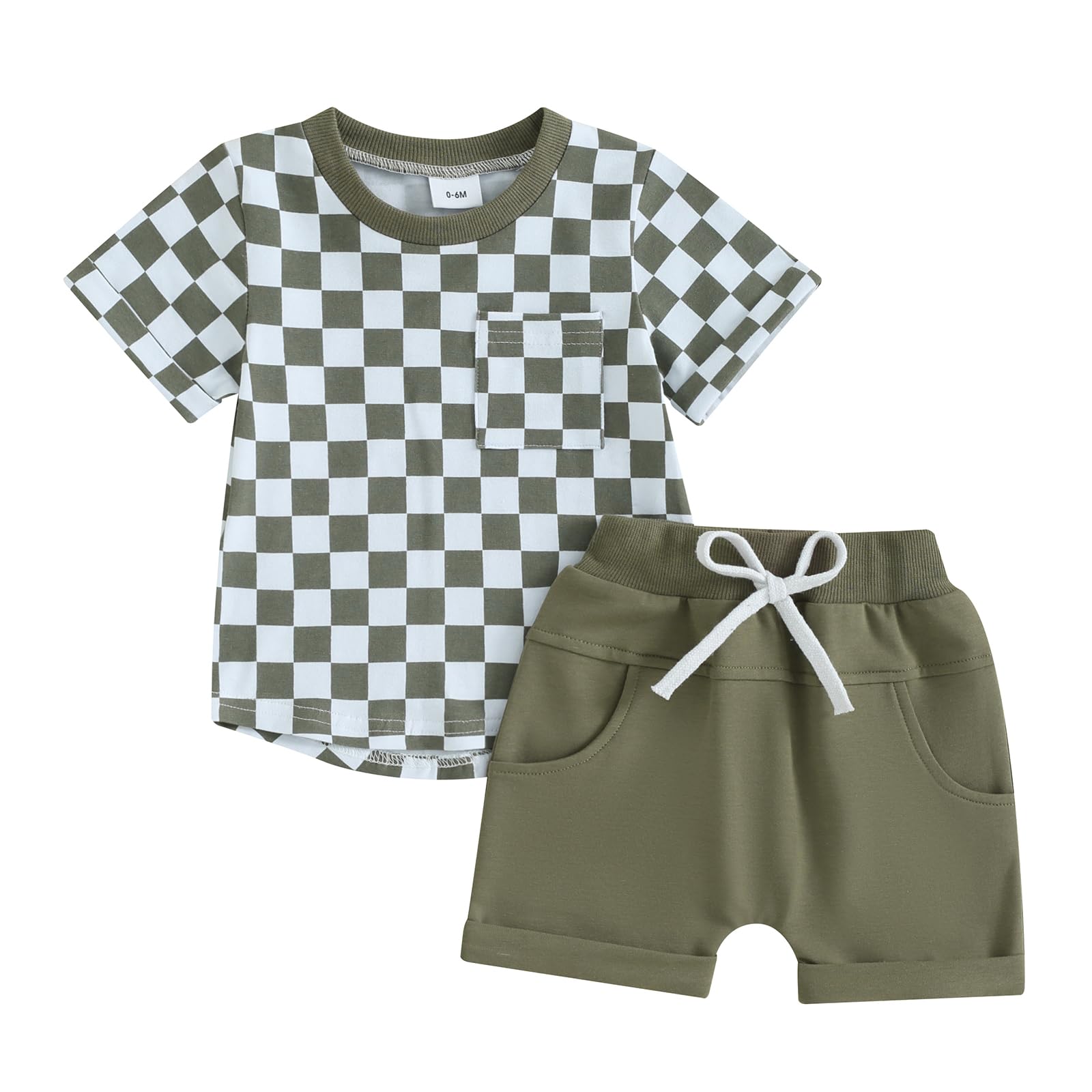 Photo 1 of Toddler Baby Boy Girl Summer Clothes Checkerboard Print Short Sleeve T-Shirt Tee Tops Rolled Shorts Infant Outfits (A- Army Green, 12-18 Months)