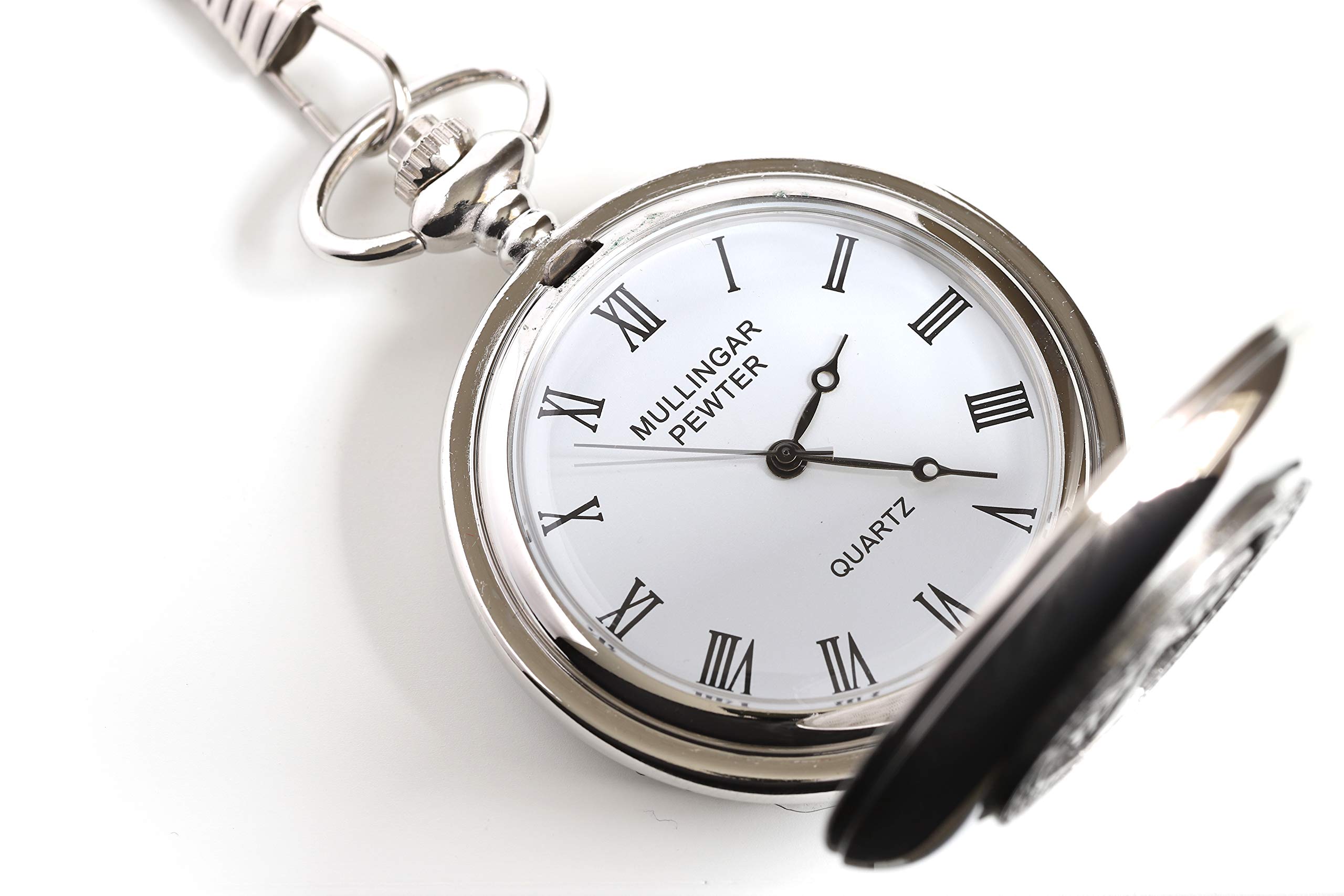 Biddy Murphy Shamrock Pocket Watch Made in Ireland Shamrock Pewter Medallion Stainless Steel Case with Chain, Made in Ireland