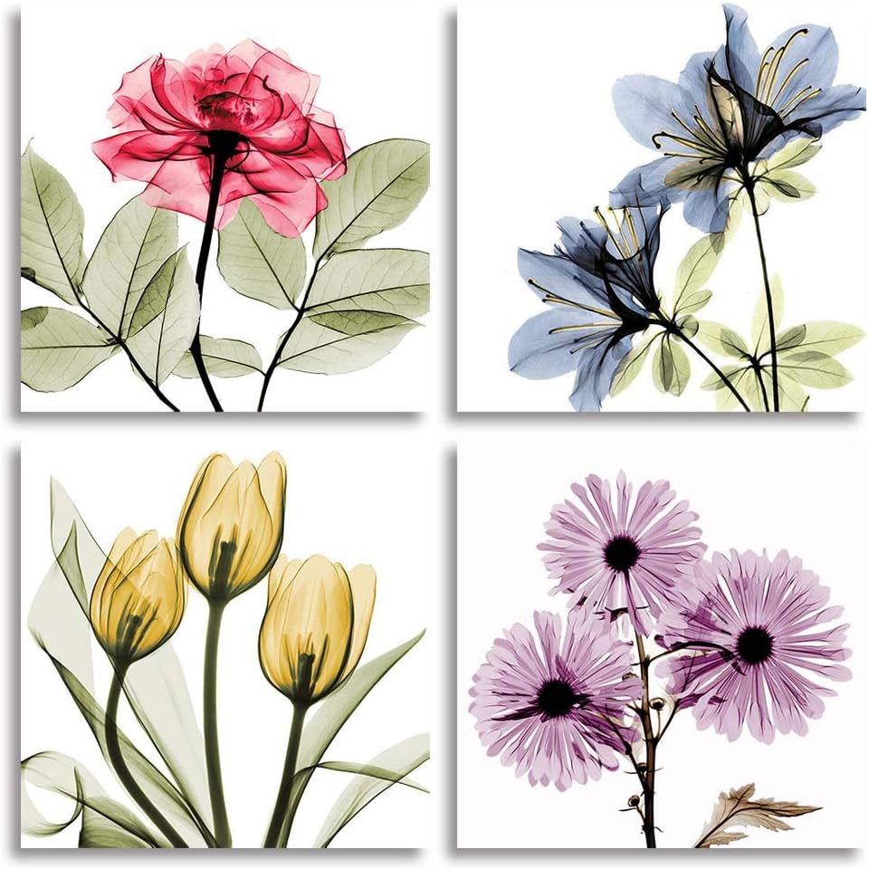 HLJ Tulip Rose Wall Art Painting in Golden Red Vivid Flower Home Wall Floral Canvas Print in 4 Panels (Colorful, 16x16inchx4pcs)