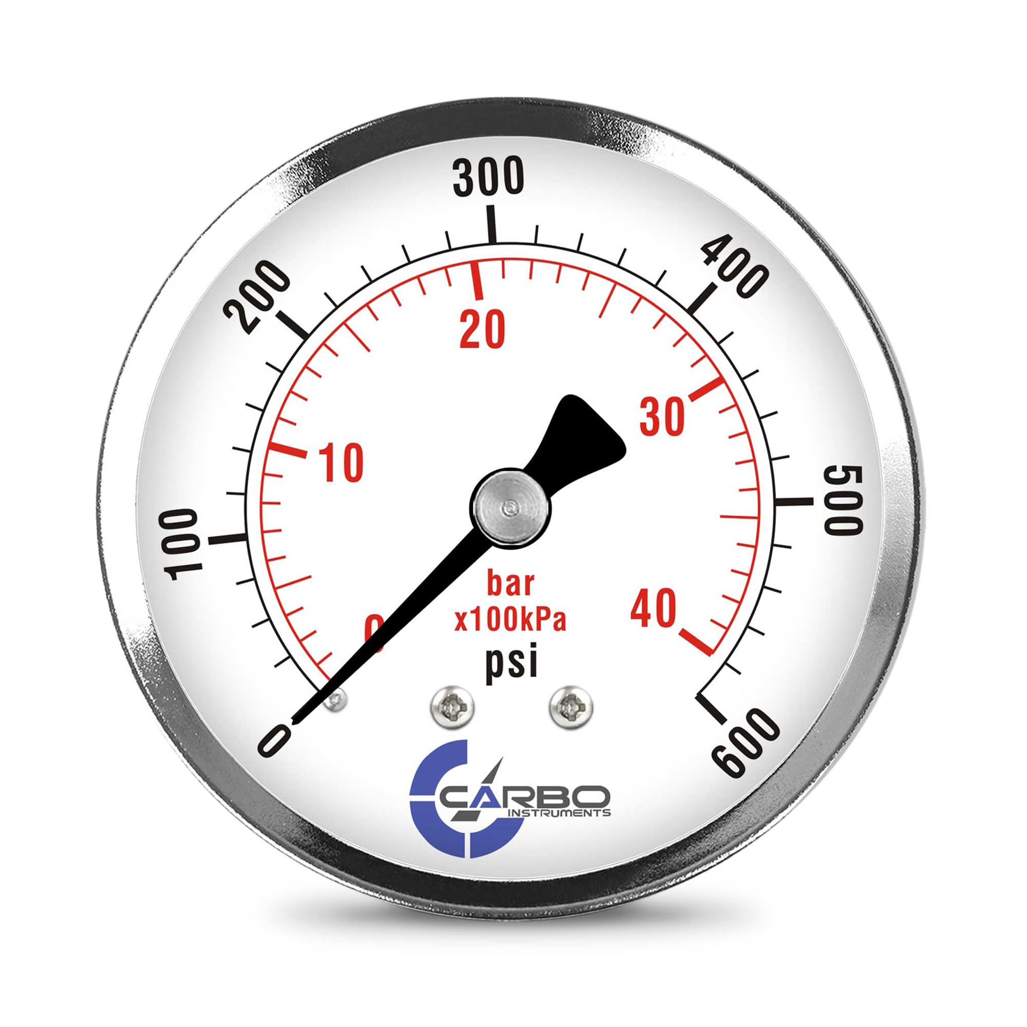 CARBO Instruments 2-1/2" Pressure Gauge, Chrome Plated Steel Case, Dry, 0-600 psi/kPa, Back Mount 1/4" NPT