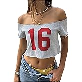 RoseSeek Women's Off The Shoulder Tops Short Sleeve Number Graphic Tees Y2K Crop T Shirts