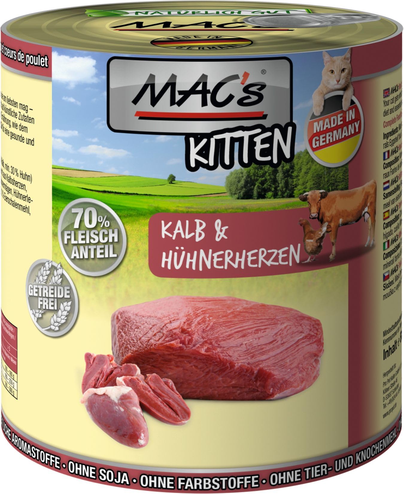 Mac's Cat Food Grain Free Kitten Calf & Chicken Hearts 800g