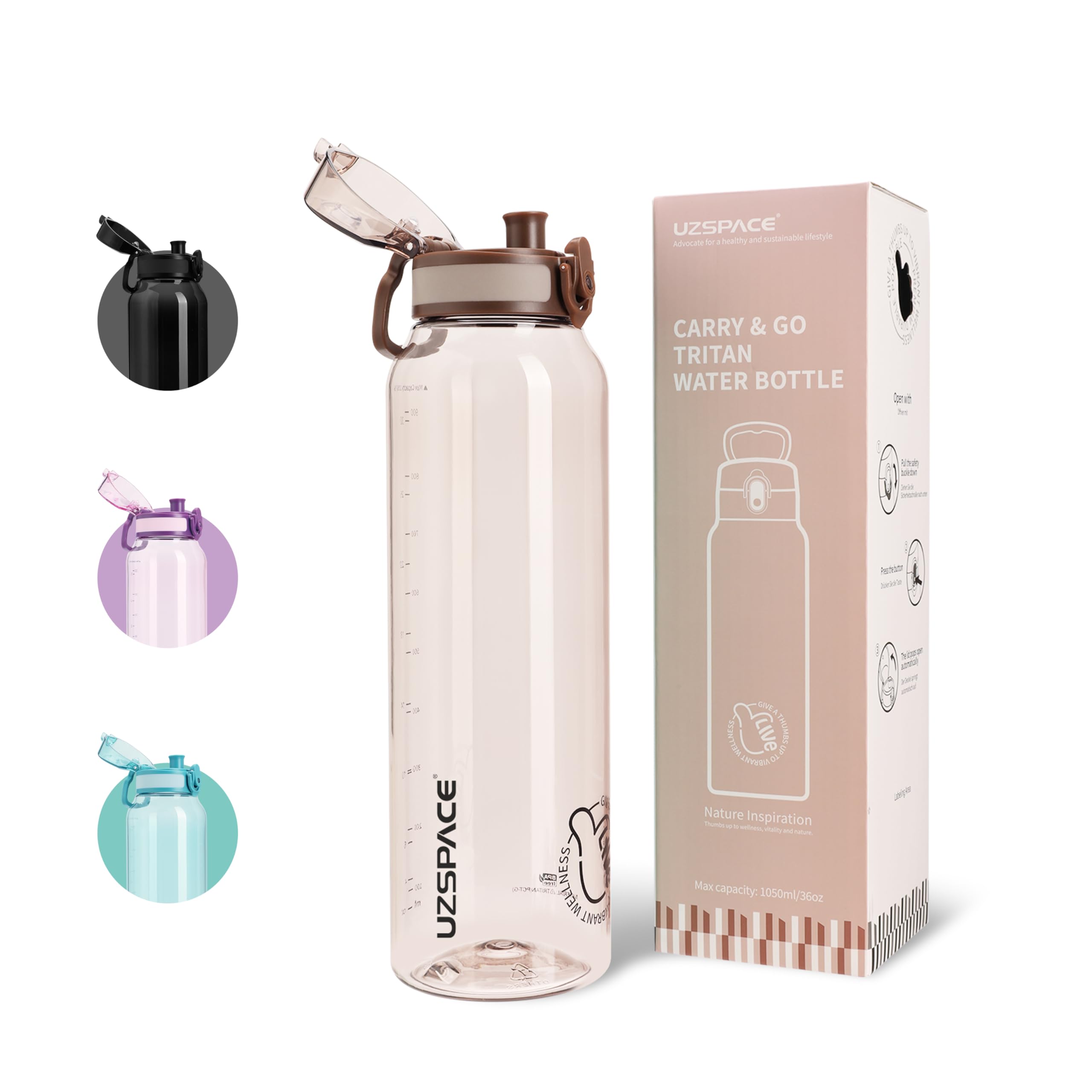 UZSPACE Trinkflasche Sport 1L, Tritan Bpa-Frei Trinkflasche Auslaufsicher mit Einhandbedienung, Kohlensäure Geeignet, Spülmaschinenfest, Wasserflasche für Gym Frauen Yoga, Braun