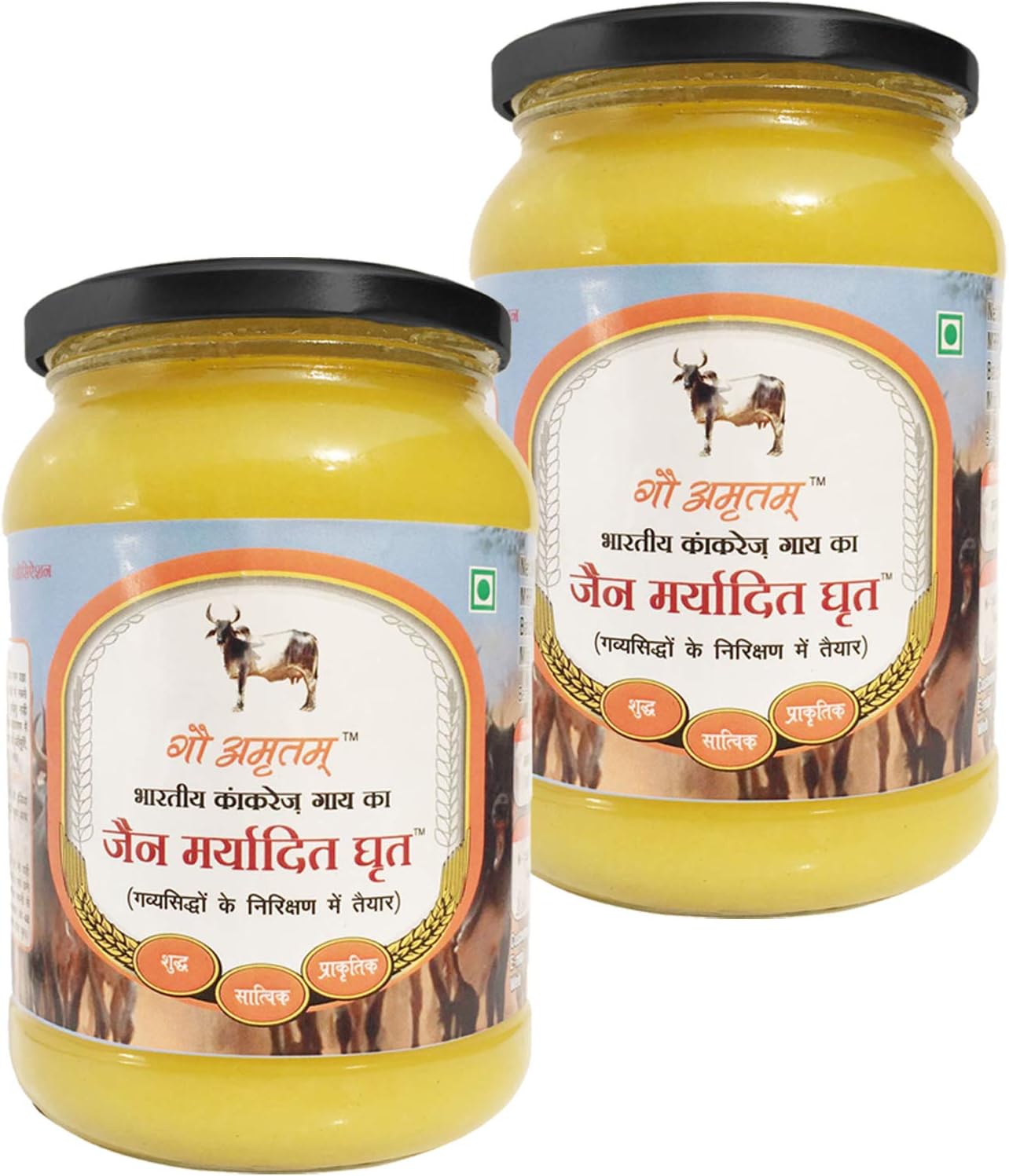 GAU AMRITAM Jain Maryadit Ghrit Desi kankrej Cow Vedic A2 Ghee Better Digestion and Immunity Pure Healthy Traditional Curd Churned Lab Tested Glass Jar 1000ml Pack of 2