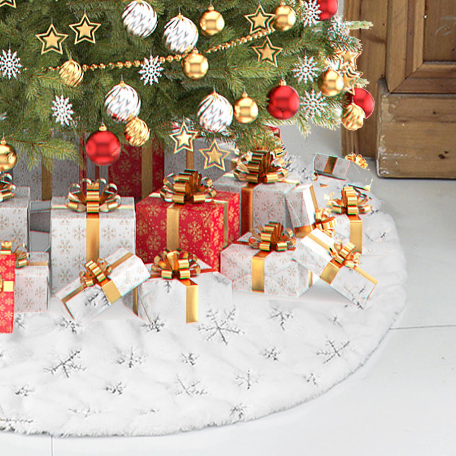 IHCEMIH Christmas Tree Skirt Large White Xmas Tree Skirts Luxury Snowflake Sequin Faux Fur Plush Tree Base Cover Mat Christmas Tree Bottom Rug Covers Holiday Party Home Festival Decorations 48 Inches