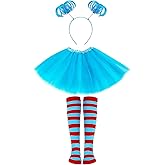 Snwquik 3 Pcs Halloween Costume Accessories for Kids Girls,Blue Tutu Skirt/Ponytail Headband/Striped Socks Cosplay Dress UP
