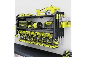 KAFAHOM Power Tool Organizer，Large 8 Drill Holder Wall Mount with 2 Side Pegboards,Metal Tool Shelf with 12 Hooks，Storage Rack for Garage Organization，Utility Cordless Drill Holder - Black