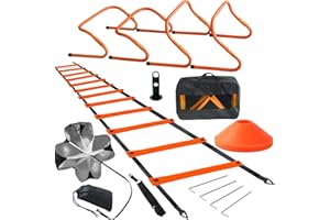 TOCO FREIDO Speed&Agility Training Set – 20ft Agility Ladder Set with 12 Rungs, 4 Adjustable Training Hurdle, 12 Disc Cones, 2 Resistance Bands, 1 Running Parachute and Footwork Drills Equipment