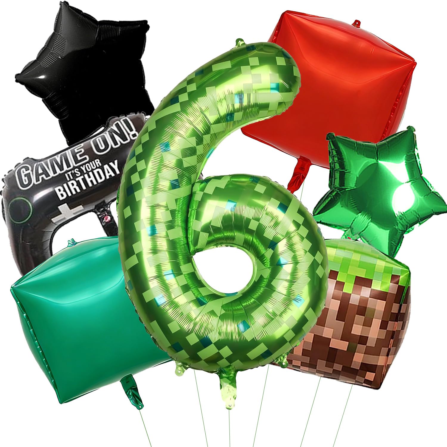 Green Pixel Miner Theme birthday balloons with Number 6 Balloons for Adults P-ixel Party Baby Shower Birthday Party Decorations Party Suppiles
