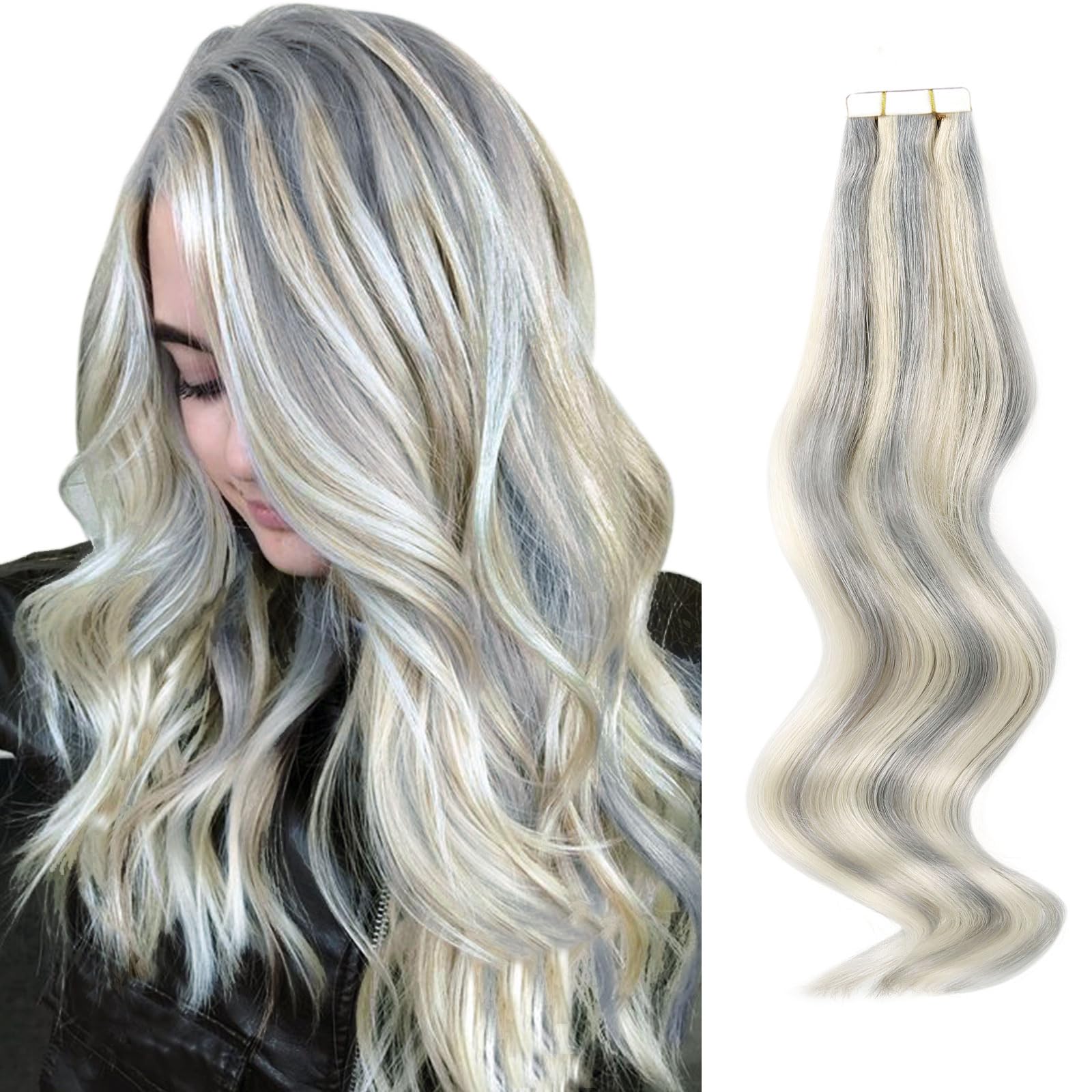 ABH AMAZINGBEAUTY HAIR Tape in Hair Extensions Real Human Hair Silver Gray Highlighted Platinum Blonde Tape Hair Extensions Color P#Silver-60 Straight Seamless Skin Weft 16 Inch 50g/pack 20pcs — image 1