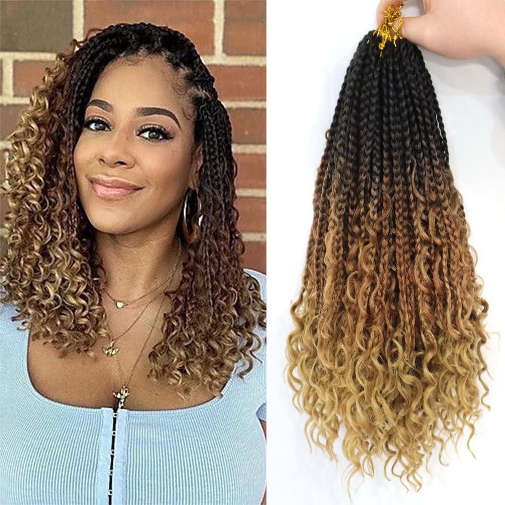 8Packs Goddess Box Braids Crochet Hair With Curly Ends 14 inch Pre-looped Bohomian Crochet Box Braids Synthetic Braiding Hair Extensions (14 Inch, 1B/30/27)… — image 1