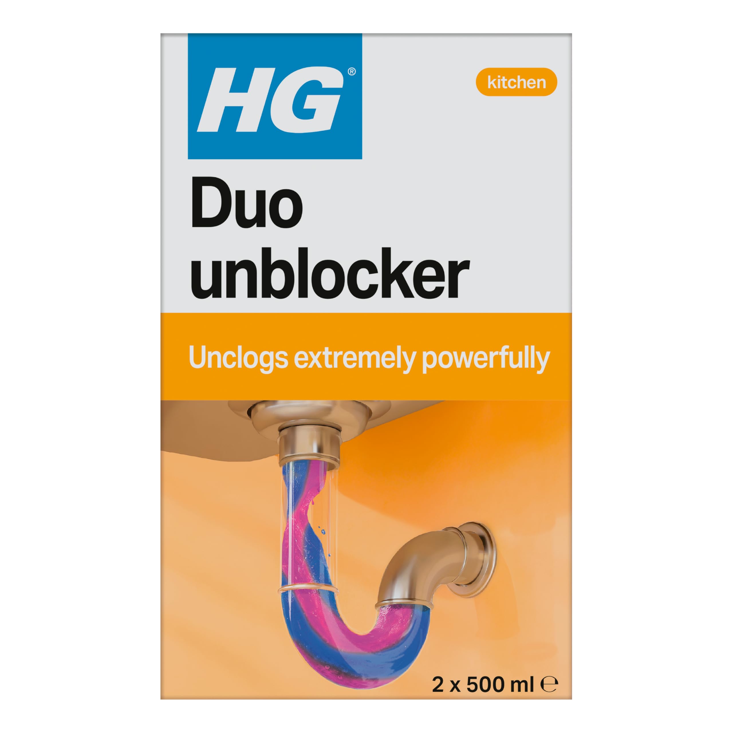 HG Duo Unblocker - Powerful Drain Cleaner, for Kitchen Sink or Bathroom Pipes - 2 x 500 ml