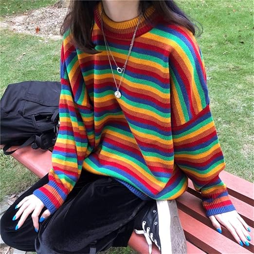 Women Korean Harajuku Loose Striped Rainbow Japanese Kawaii Ulzzang Sweater