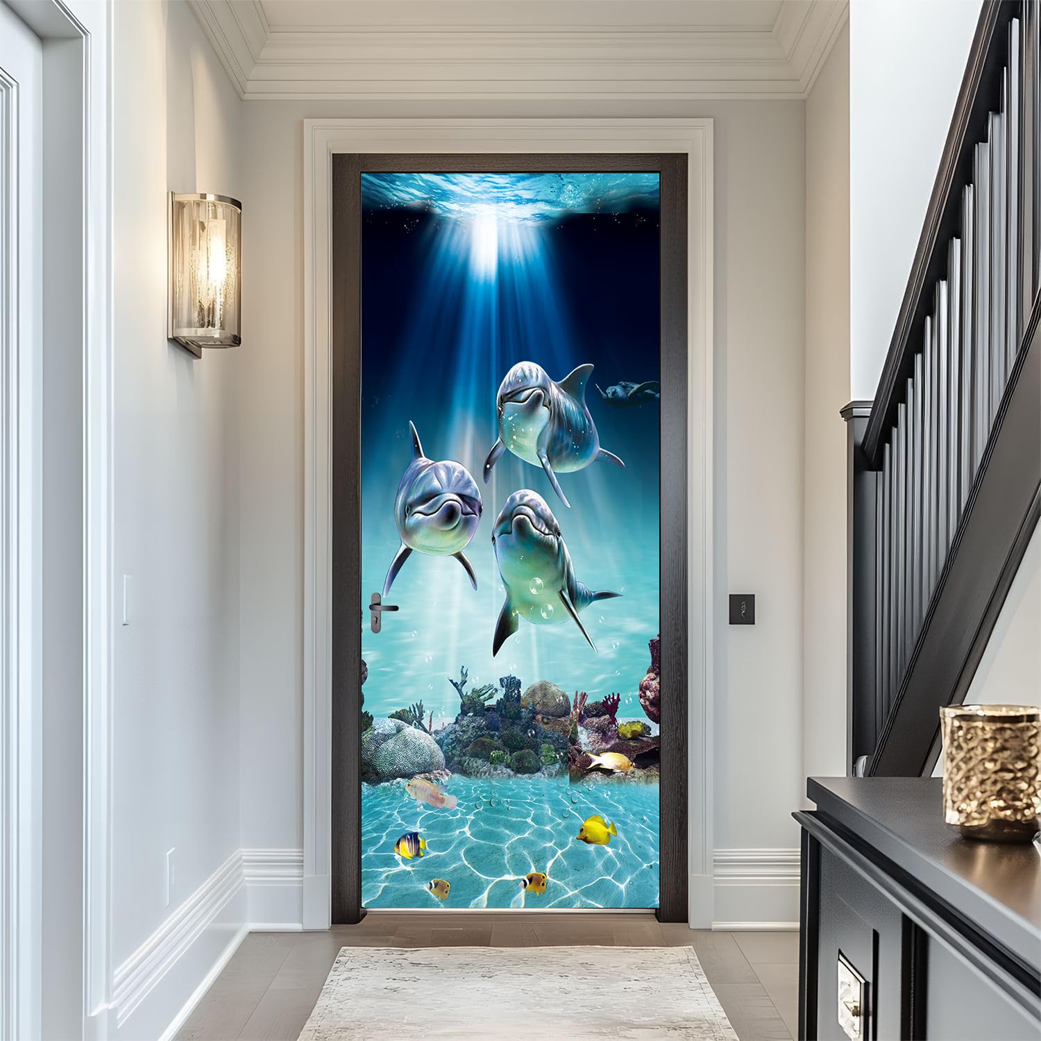 FLFK Peel and Stick Door Sticker 77x200cm-3D Underwater World Dolphins Self-Adhesive Door Mural Poster Photo Wallpaper for Bedroom Office Decor(2Pcs/Set)