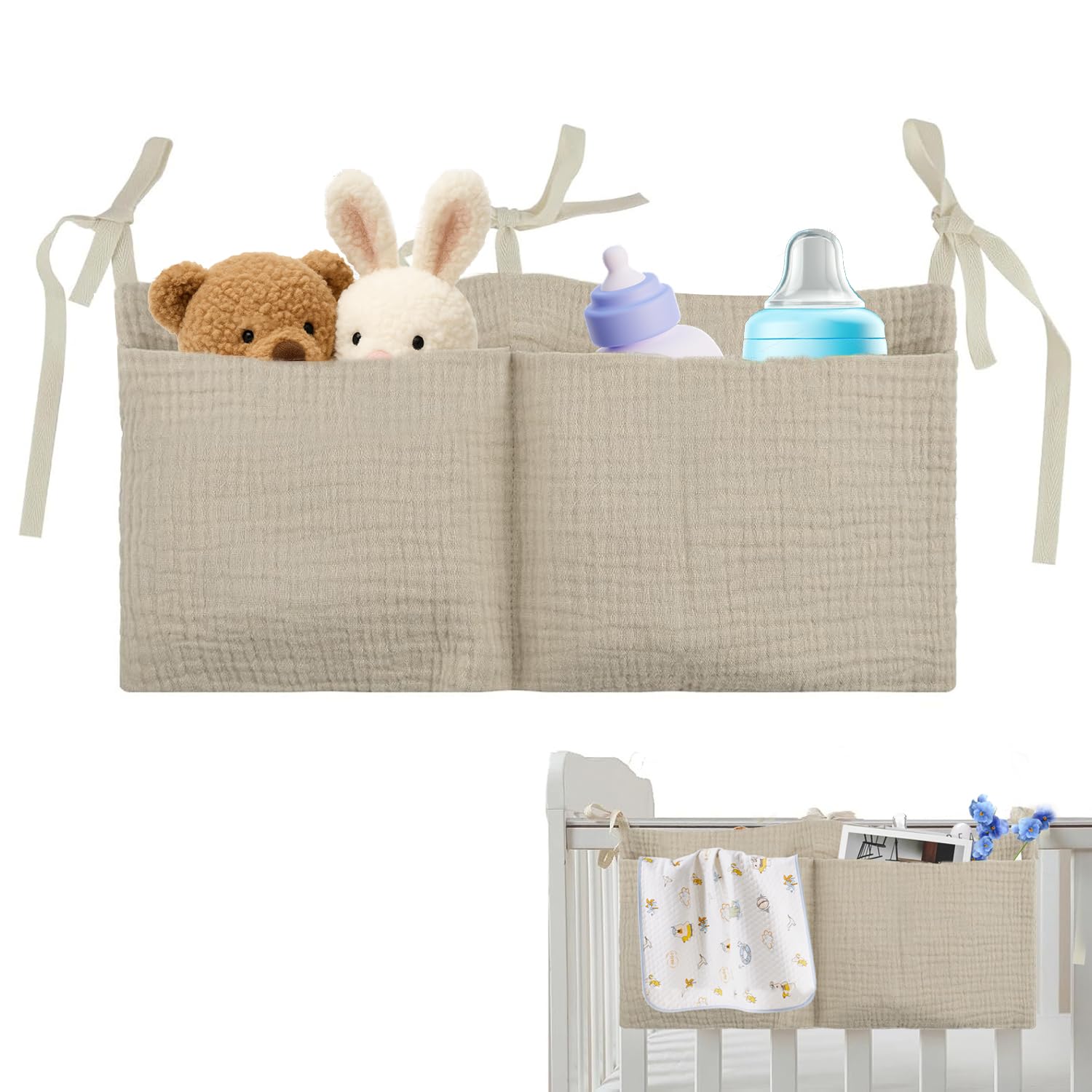 Bavooty Baby Crib Organiser,2 in 1 Baby Crib Pocket Organizer,Hanging Storage Bag,Crib Storage Pocket,Nappy Caddy,Baby Bed Storage Hanging Bag for Clothing Books and Magazines Diapers Drool Bibs