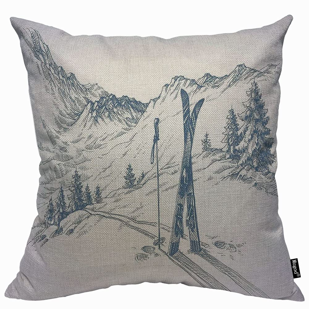 Mugod Blue White Winter Sketchy Cushion Cover Throw Pillow Covers Graphic of a Downhill with Ski in Snow Relax Calm View Pillow Case for Men Women Decorative Home Sofa Chair Couch 45x45cm/18x18 Inch