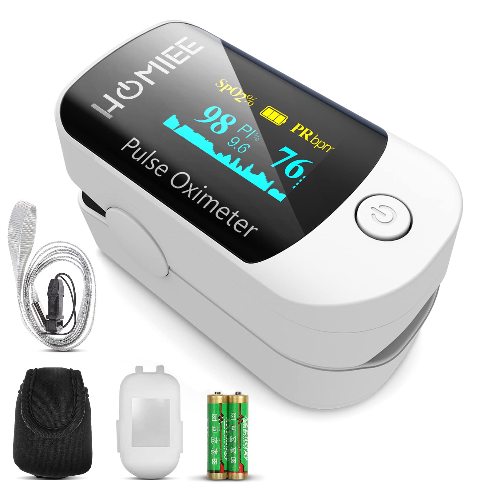 HOMIEE Pulse Oximeter, OLED Display Blood Oxygen Saturation Monitor, Fingertip Pulse Oximeter with 2 AAA Batteries, Silicone Cover, Lanyard, Carry Case, White