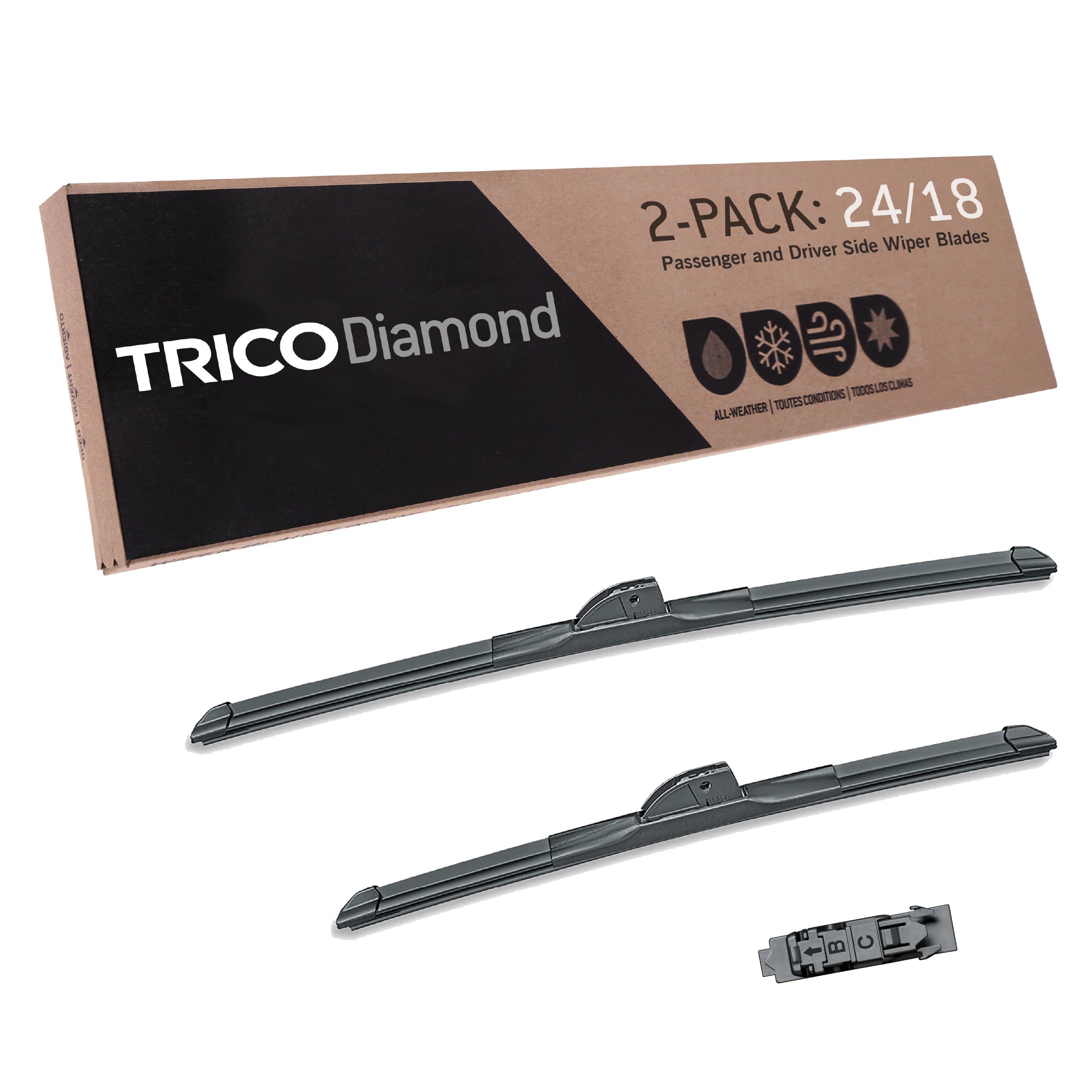 Photo 1 of TRICO Diamond 24" + 18" Premium Automotive Replacement Windshield Wiper Blades (Set of 2), Passenger and Driver Side All-Weather Beam Wiper Blades for Select Vehicle Models