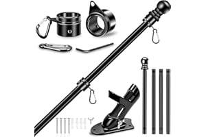 REERON 5 FT House Flag Pole Kit, 1" Spinning Thicken Stainless Steel Metal Flagpoles for Outside House Porch Post Wall Mount with 2-Position Flagpole Holder Bracket & 360° Flag Ring for 3x5 Flag(5 FT, Black)