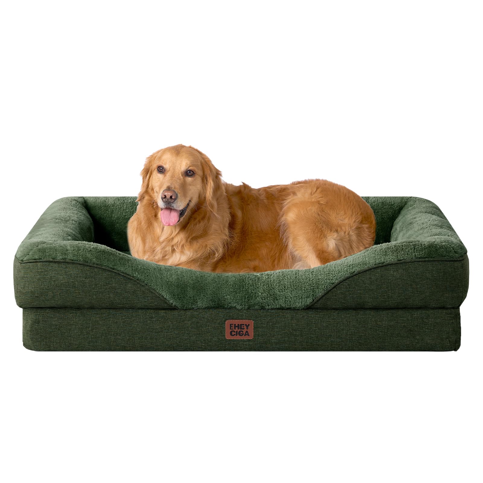 EHEYCIGA Orthopedic XL Dog Bed for Large Sized Dog, 42x30x7.5 Inch Extra Large Memory Foam Dog Couch Bed with Sides, Waterproof Liner & Washable Removable Cover, Dark Green Image