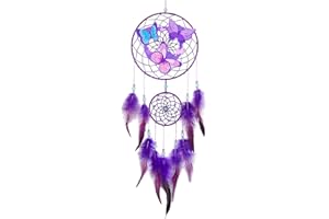 Basumee Dream Catcher for Kids Feather Dream Catchers Handmade Home Decor Wall Hanging with Double Ring for Nursery Bedroom Boys Room, Purple Butterfly