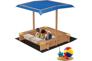 OUTGOODS Wooden Sandbox with 2 Plastic Boxes, Outdoor Sand Box with Adjustable Canopy, Bottom Liner, Anti-Collision Design for Ages 3-8, Spacious Kids Sand Pit for Beach, Patio, Backyard(39x39in)