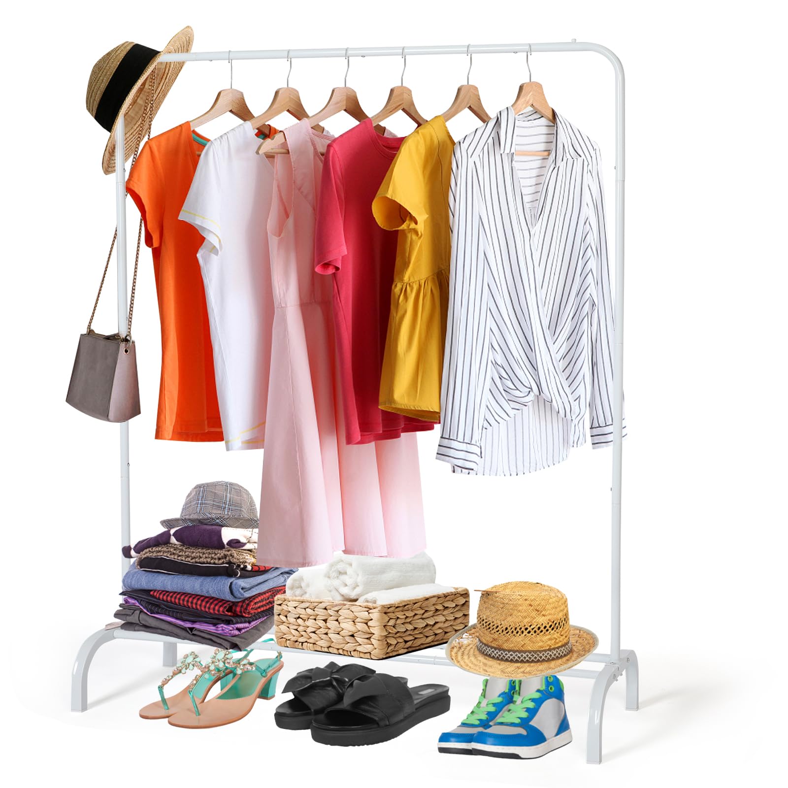 Metal Clothing Rack Garment Rack, Closet Rack Heavy Duty Hanging Racks for Clothes with Top Rod and Storage Bottom Shelf, Clothes Rail Hanger Stand Free for Hanging Coats, Skirts, Shirts 43.5 In-White