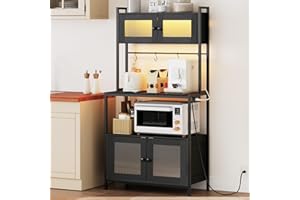 HOOBRO Bakers Rack with Storage Cabinet, 5-Tier Coffee Bar with Power Outlet and LED Lights, Industrial Microwave Oven Stand with Shelves, Kitchen Storage Shelf with Cabinet, Black BB13UDHB01