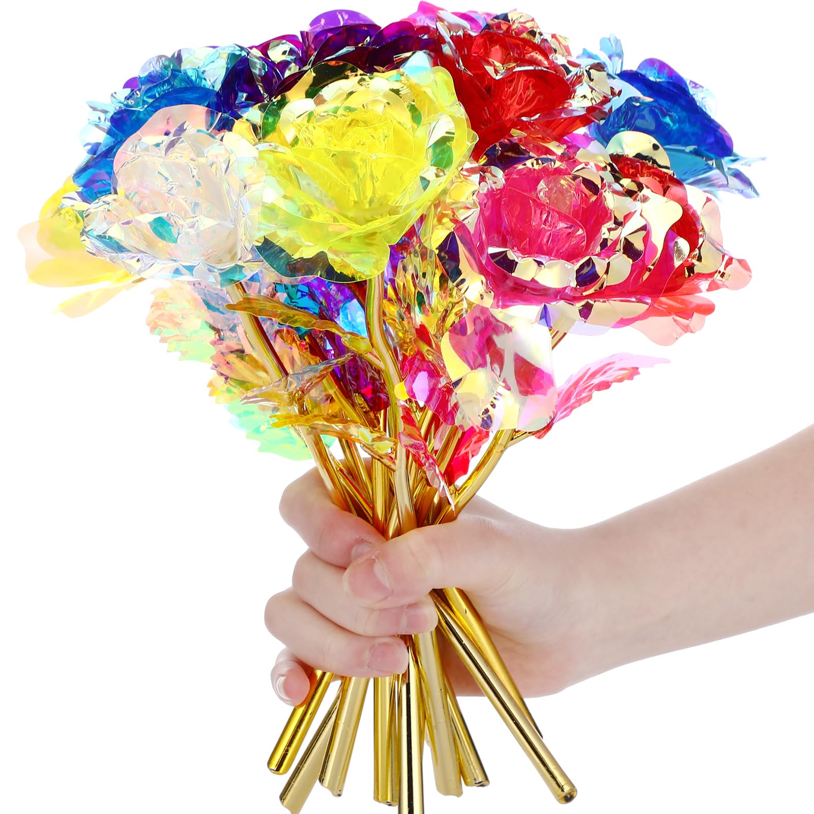 Photo 1 of Lyrow 12 Pcs Galaxy Rose Flowers Valentine's Day Gift Flowers with Stems Gift for Her Forever Preserved 24k Fake Crystal Rose for Mother's Day Birthday Wedding Decor, 10'' (Multicolor)