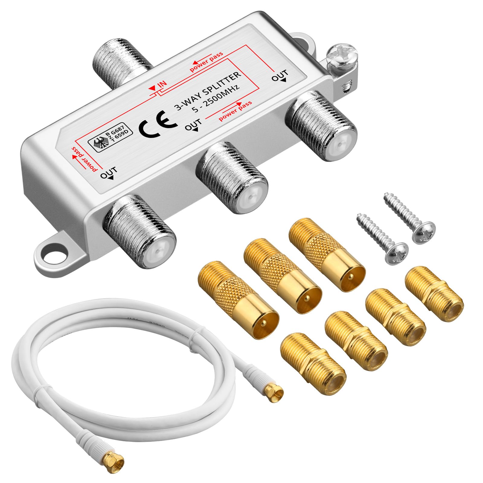 Justech 3 Way TV Aerial Splitter Coax Splitter F Type 5-2500MHz with 1.5m Coax Cable F Plugs for Sky Box Telewest Eurovox Starview Dreambox