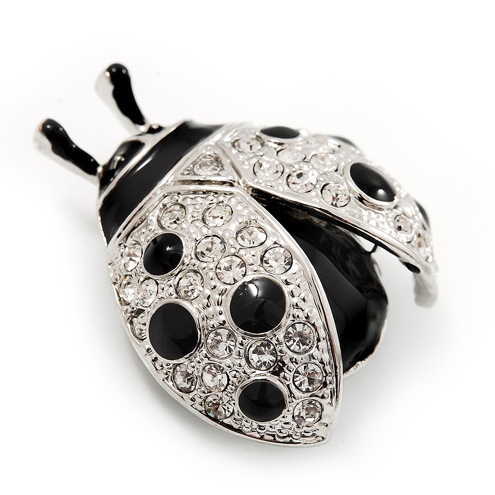 Black Enamel Ladybug Brooch (Silver Tone)