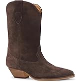 VERISSON Faux Suede Cowboy Boots for Women Brown Cowgirl Boots Mid Calf Chunky Heel Pointed Toe Pull on Booties Dressy Western Boot
