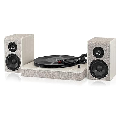 Victrola Modern 3-Speed Bluetooth Turntable with 50 Watt Speakers, White Wood and Linen Fabric Finish