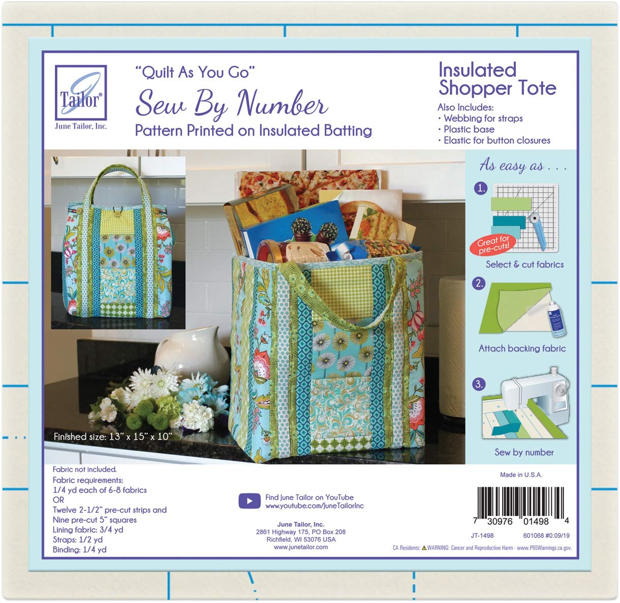 June Tailor Inc Quilt As You Go Insulated Shoppers Tote QAYG Sew/Nbr InsulatedShopTote, White