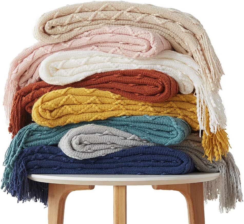 SunStyle Home Throw Blanket for Couch Sofa, Decorative Knitted Blanket(50x60inch) with Tassels, Soft Lightweight Cozy Woven Blanket for Women, Men and Adults, Suitable for All Seasons, Navy: Kitchen & Dining