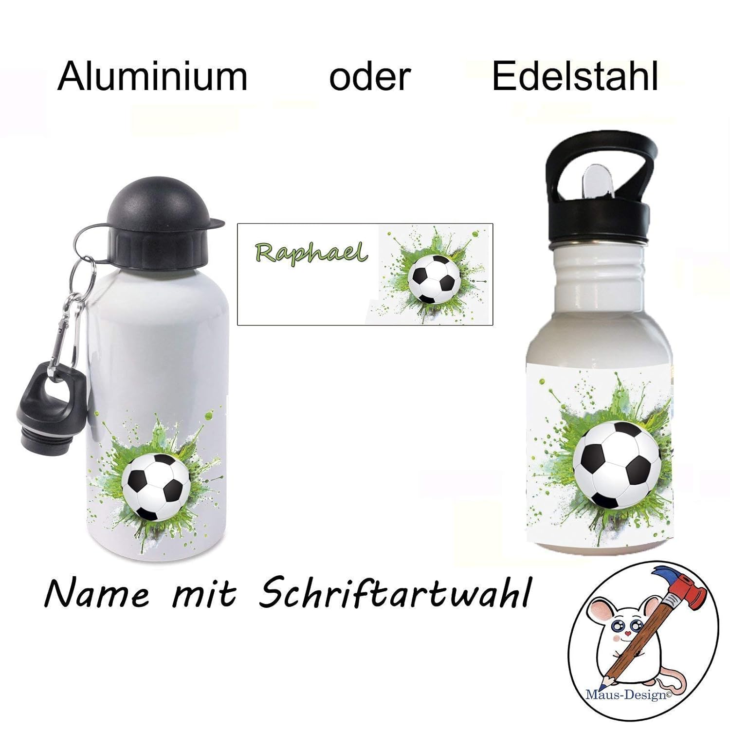 Kinder Trinkflasche mit Fußball Motiv und Name/Flasche für Kinder mit