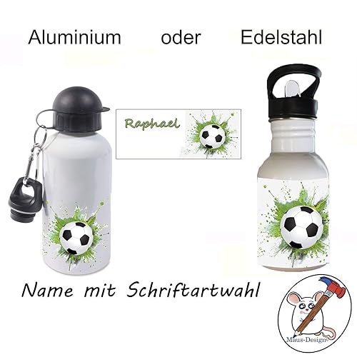 Kinder Trinkflasche mit Fußball Motiv und Name/Flasche für Kinder mit Name/Fußball/Wahlweise 400ml, 500ml oder 600ml + Schrif