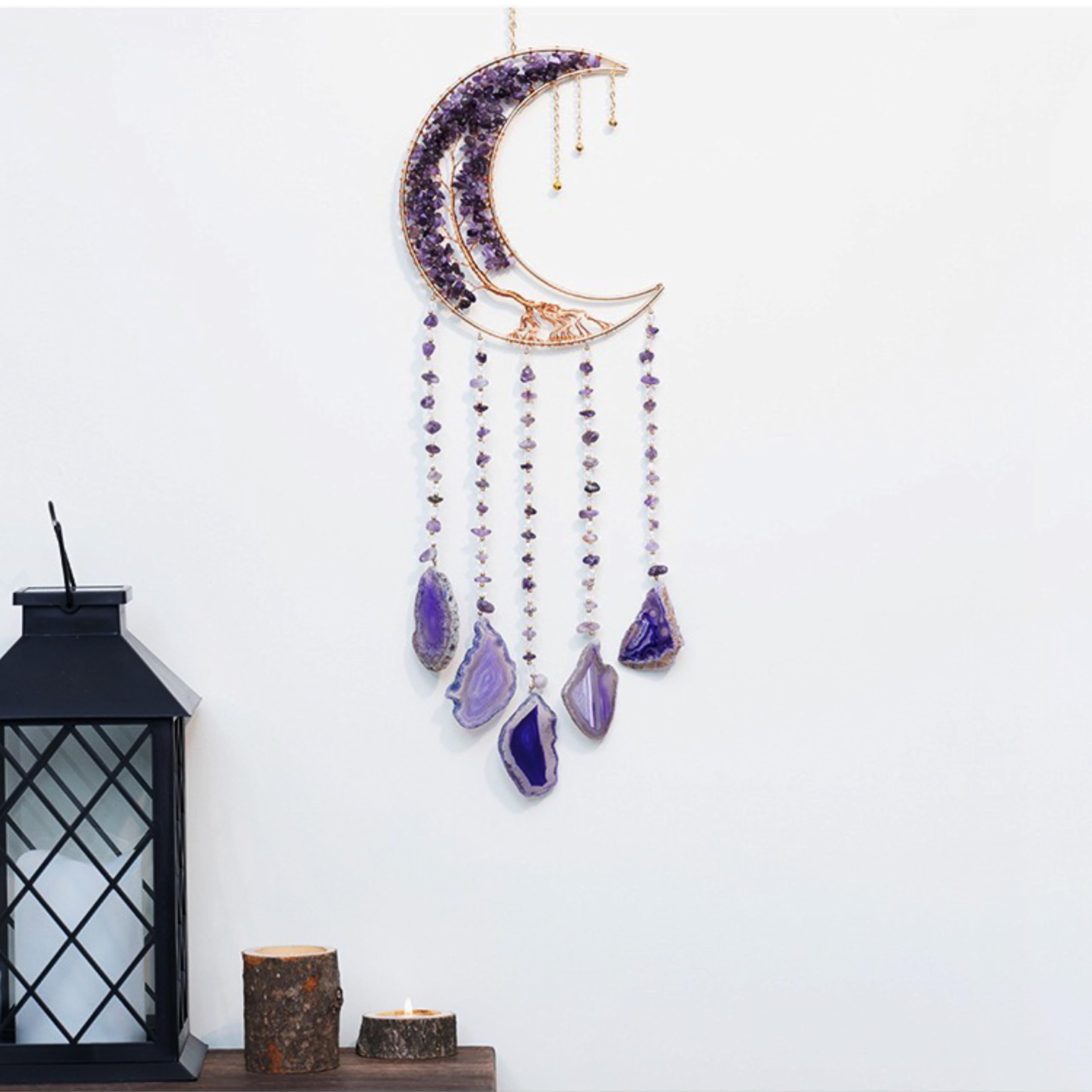 Moon Crystals Tree of Life Dream Catchers,Crystal Gemstone Chakra Indoor Wall Hangings for Windows Garden Home Décor (Purple)