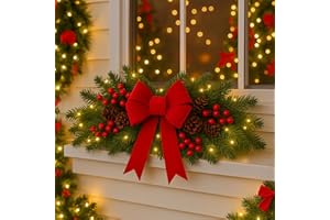 Yalikop 24.5 inch Christmas Swags with Light Artificial Pine Needles Swag Decoration Greenery Christmas Swag for Front Door Window Stair Fireplace Mantle Holiday Xmas Decor(Red Bow and Berry)
