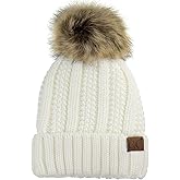 C.C Thick Cable Knit Faux Fuzzy Fur Pom Fleece Lined Skull Cap Cuff Beanie