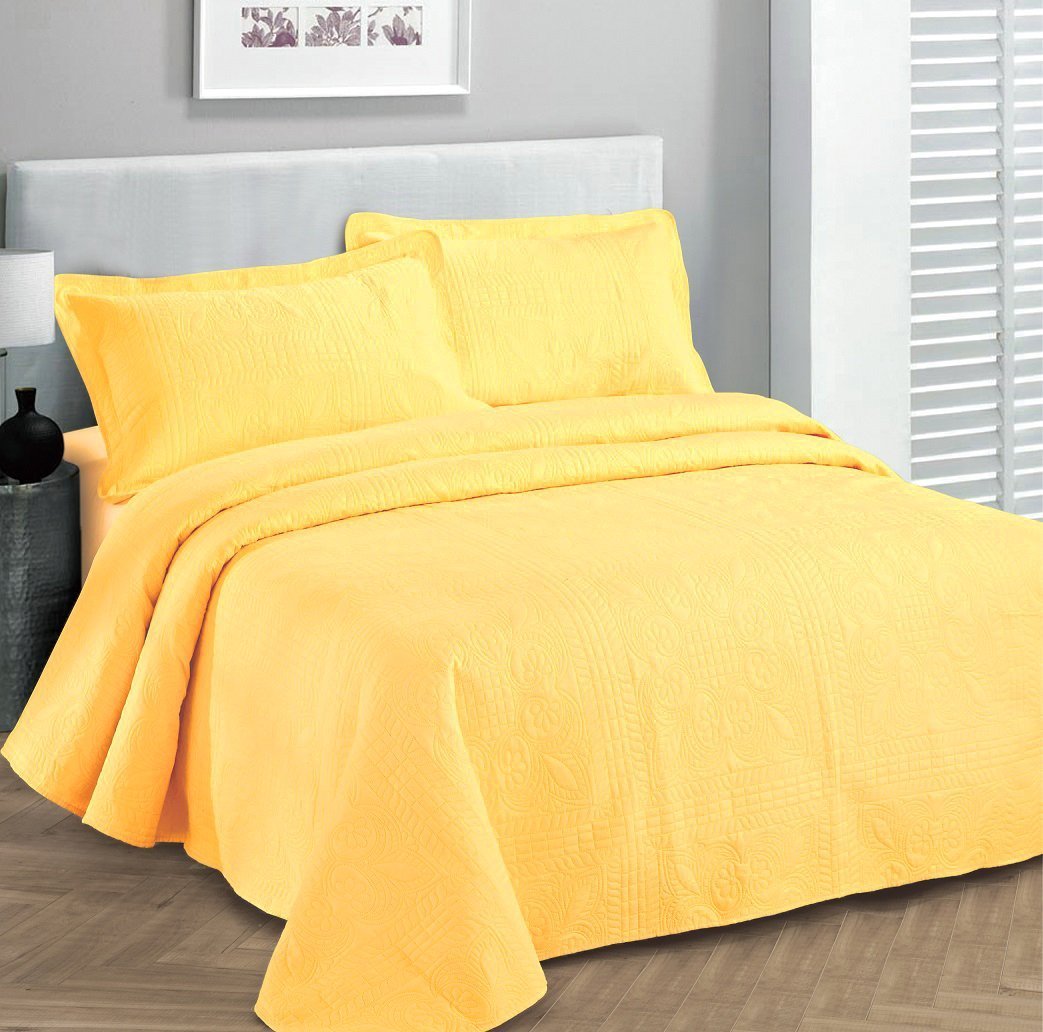 Fancy Collection 3pc Luxury Bedspread Coverlet Embossed Bed Cover Solid Yellow New Over Size 100"x106" Full/queen